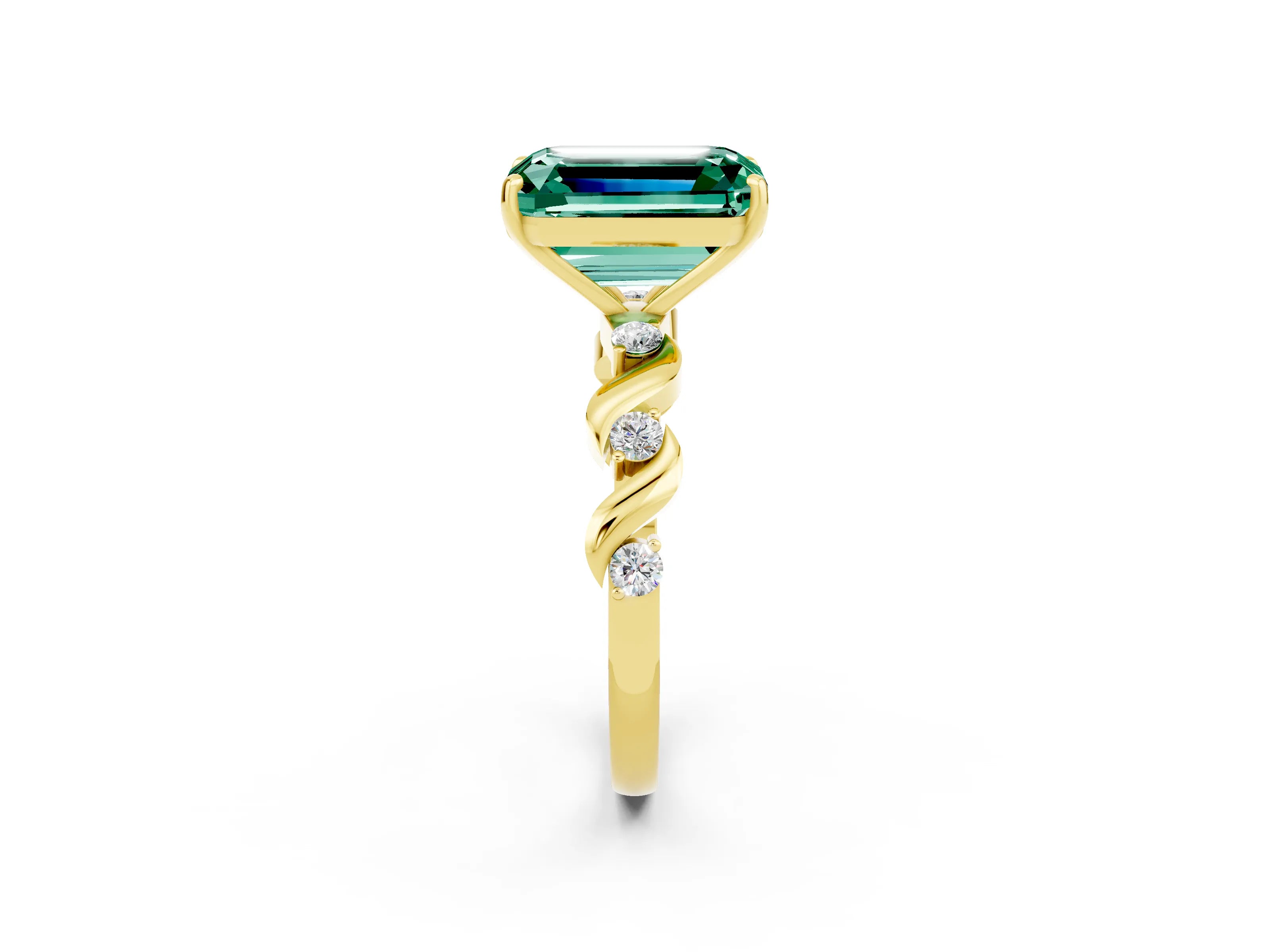 Yellow gold Emerald Cut Green Sapphire Solitaire Twisted Band with Round  Accents and Prong Setting_14