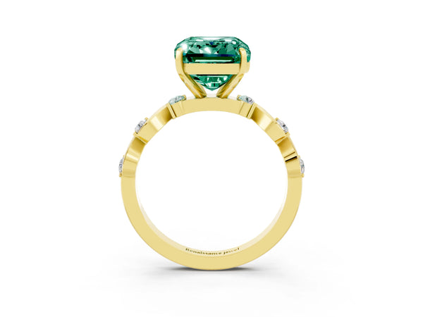 Yellow gold Emerald Cut Green Sapphire Solitaire Twisted Band with Round  Accents and Prong Setting