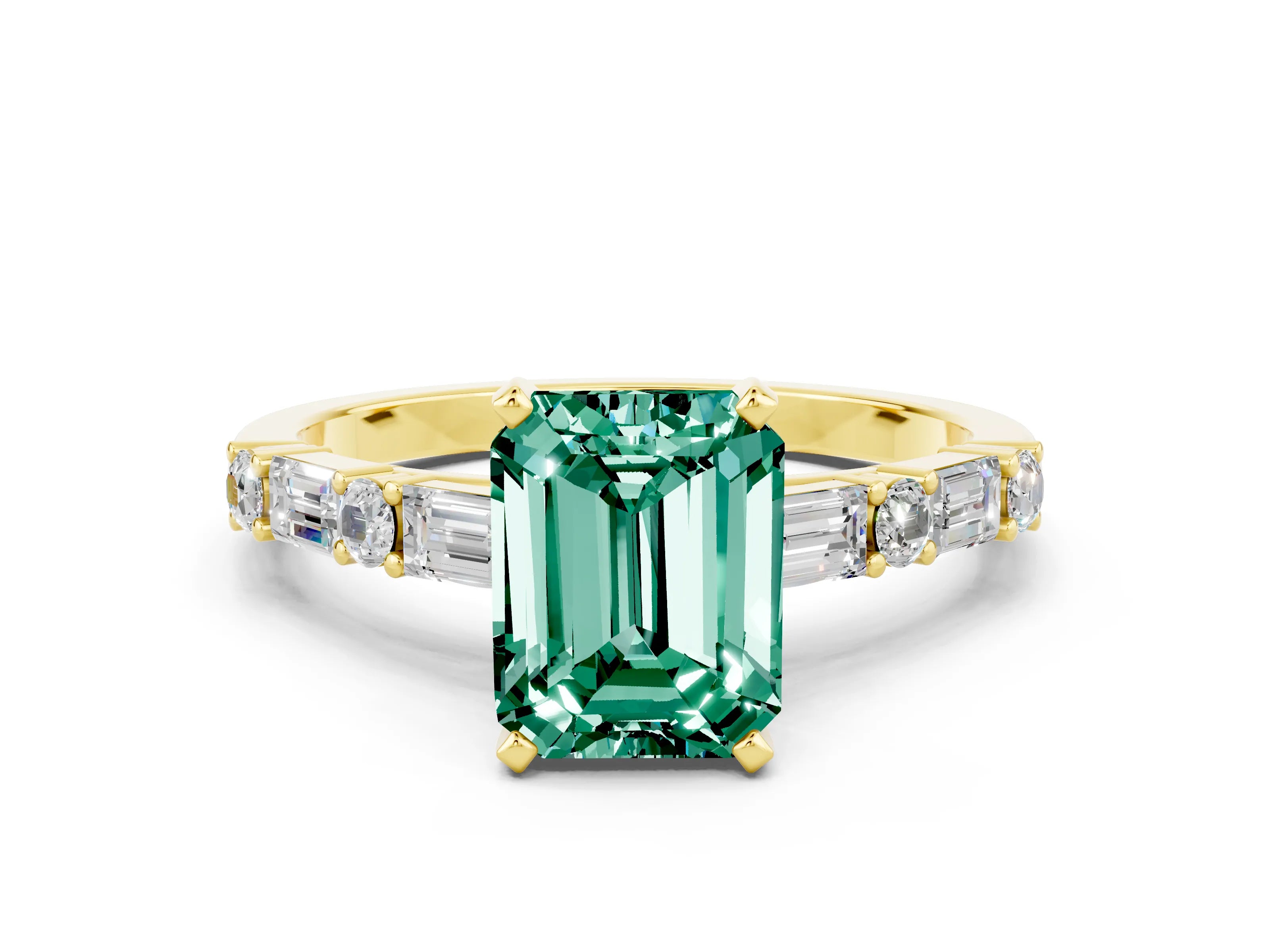 Yellow gold Emerald Cut Green Sapphire Solitaire with Side Baguettes and Channel Set Band