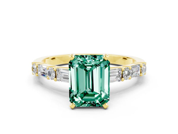 Yellow gold Emerald Cut Green Sapphire Solitaire with Side Baguettes and Channel Set Band