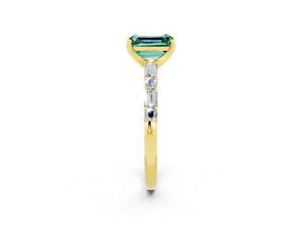 Yellow gold Emerald Cut Green Sapphire Solitaire with Side Baguettes and Channel Set Band