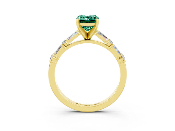 Yellow gold Emerald Cut Green Sapphire Solitaire with Side Baguettes and Channel Set Band