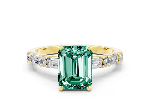 Yellow gold Emerald Cut Green Sapphire Solitaire with Side Baguettes and Channel Set Band