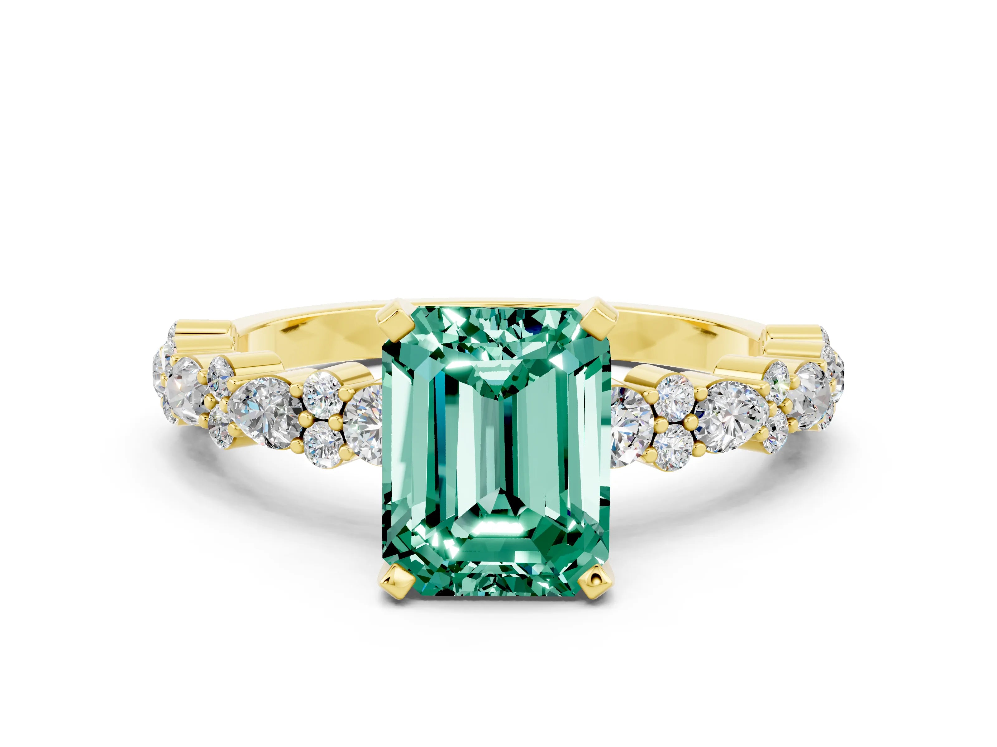 Yellow gold Emerald Cut Green Sapphire Solitaire with Side Stones, Pave Band, Four-Prong Setting_48