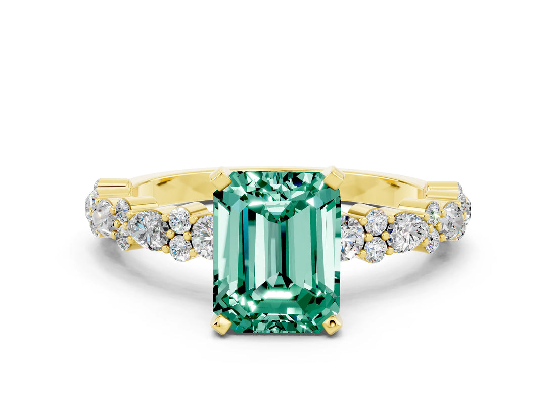 Yellow gold Emerald Cut Green Sapphire Solitaire with Side Stones, Pave Band, Four-Prong Setting_48
