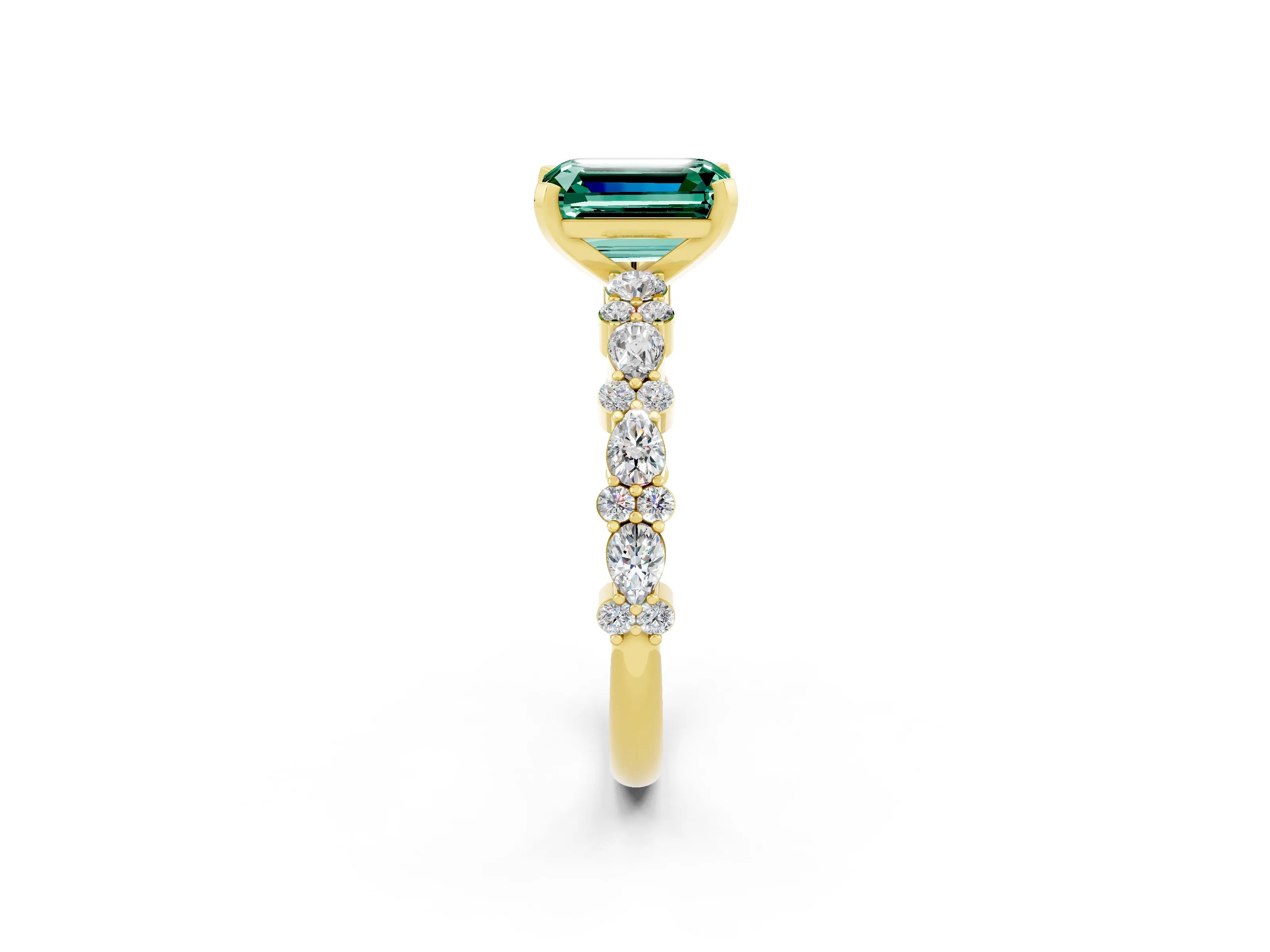Yellow gold Emerald Cut Green Sapphire Solitaire with Side Stones, Pave Band, Four-Prong Setting_50