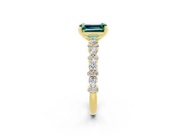 Yellow gold Emerald Cut Green Sapphire Side Stone Solitaire Ring with Round  and Four-Prong Setting