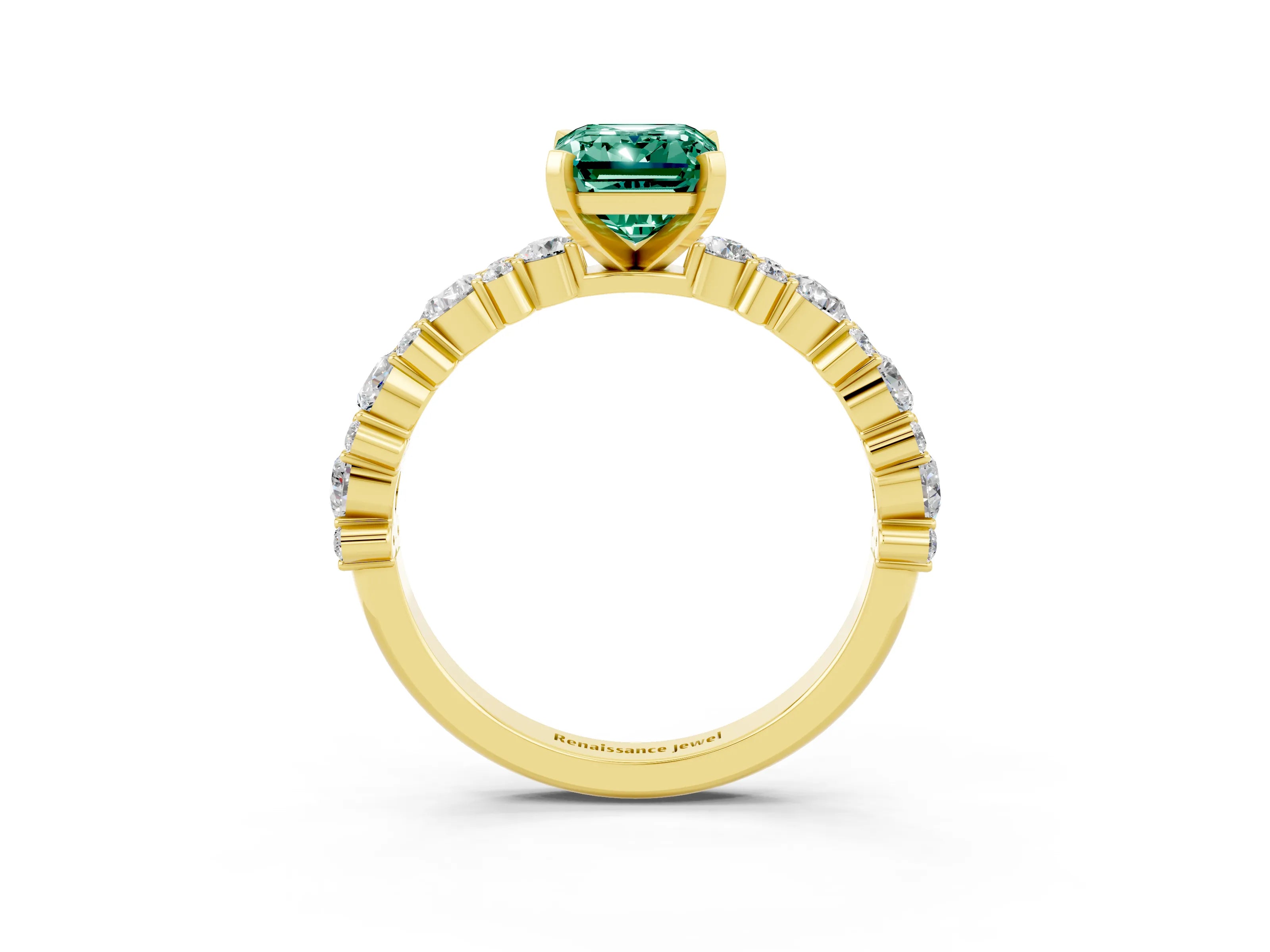 Yellow gold Emerald Cut Green Sapphire Solitaire with Side Stones, Pave Band, Four-Prong Setting_51
