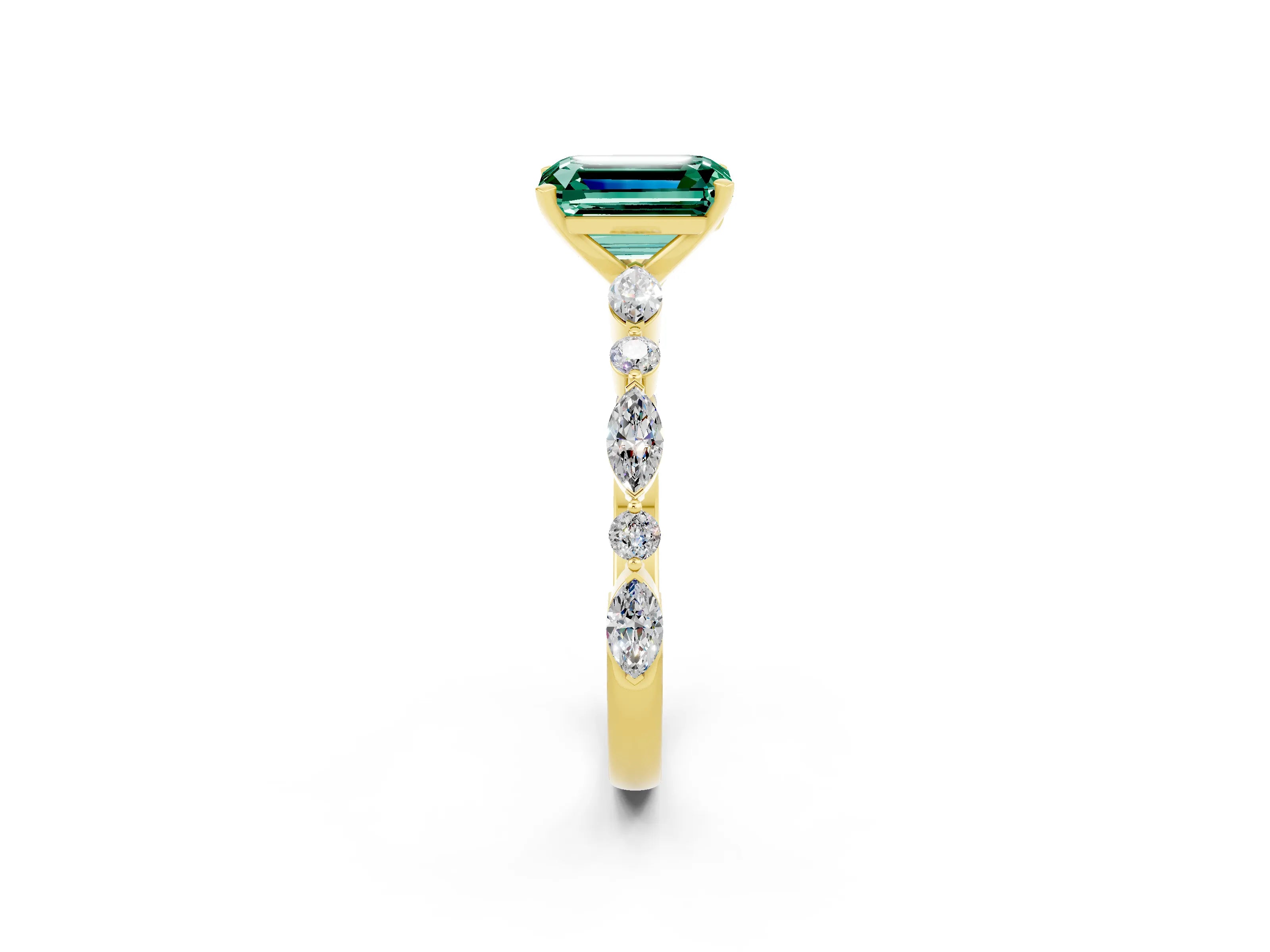 Yellow gold Emerald Cut Green Sapphire Solitaire with Side Stones on a Pavé Band and Four-Prong Setting_2