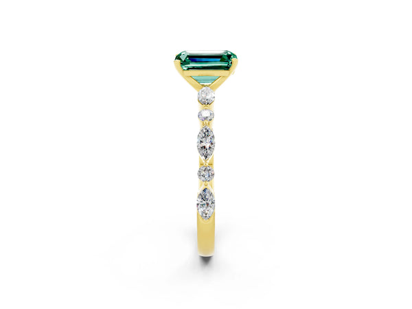 Yellow gold Emerald Cut Green Sapphire Ring with Marquise and Round  Side Stones and Four-Prong Setting