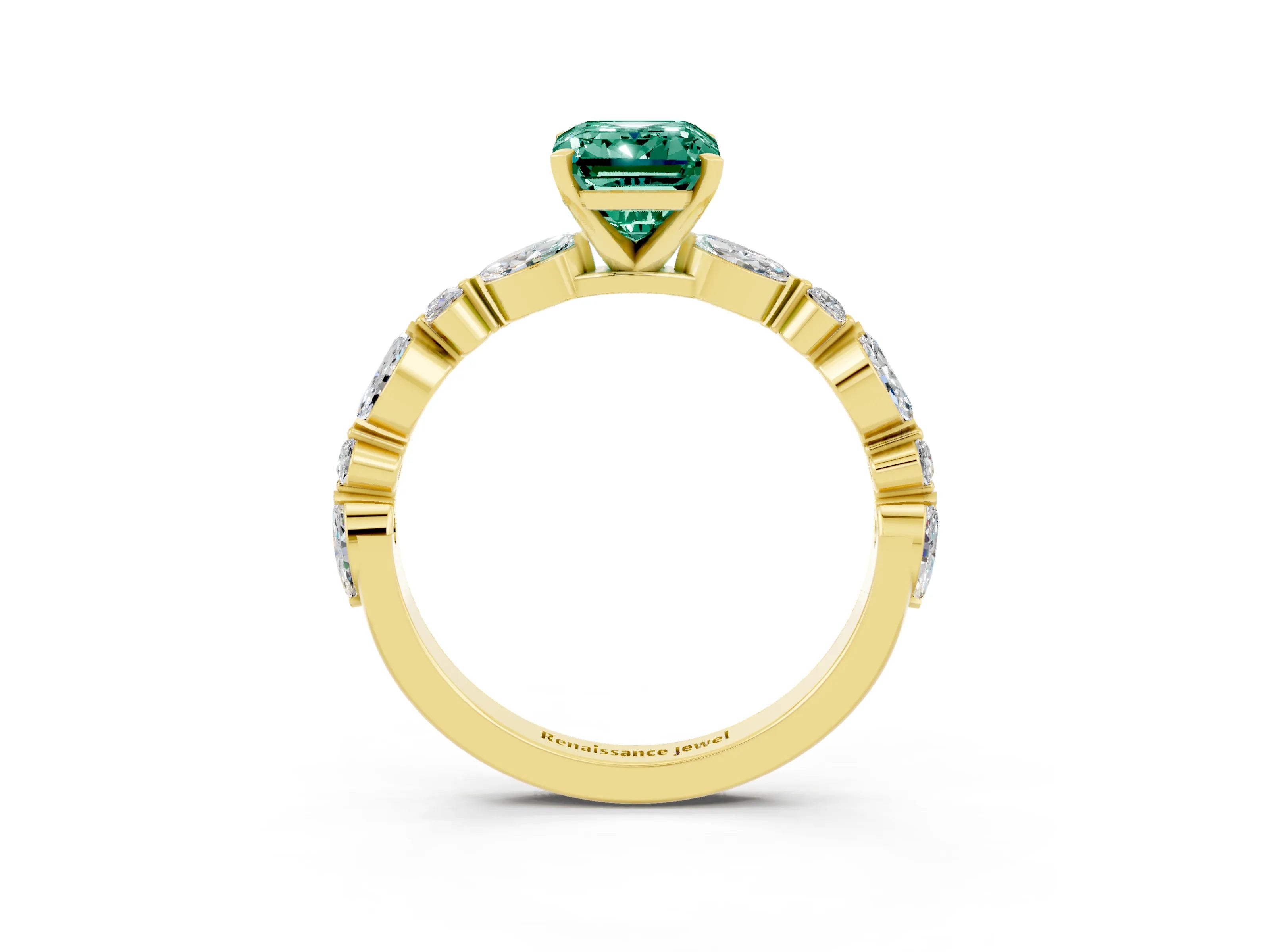 Yellow gold Emerald Cut Green Sapphire Solitaire with Side Stones on a Pavé Band and Four-Prong Setting_3