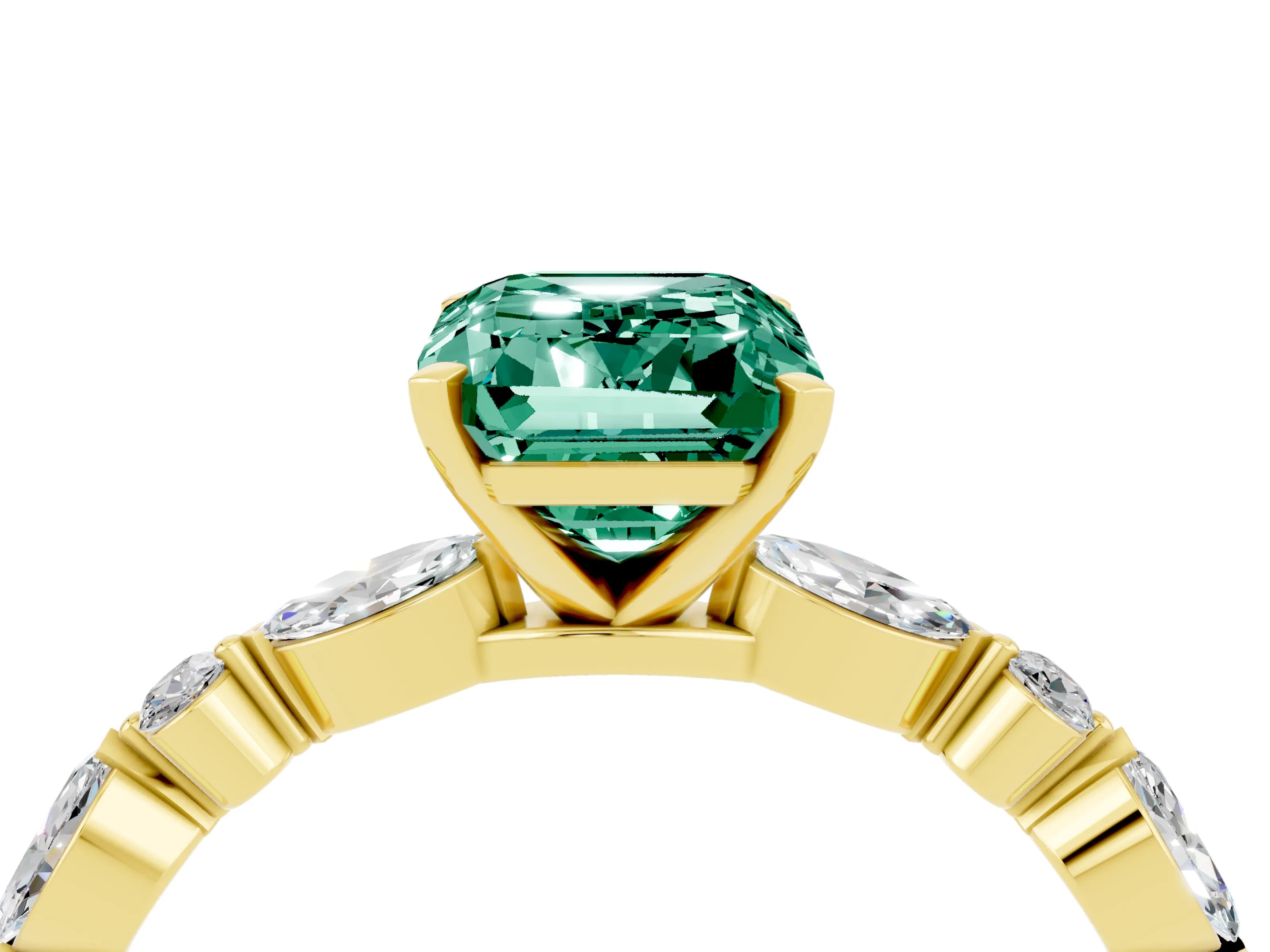 Yellow gold Emerald Cut Green Sapphire Solitaire with Side Stones on a Pavé Band and Four-Prong Setting_4