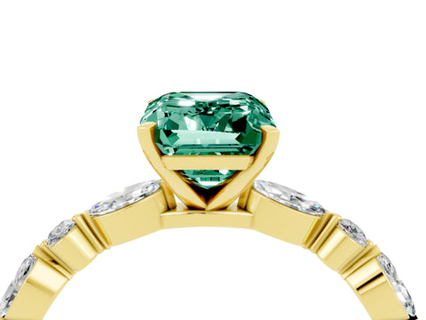 Yellow gold Emerald Cut Green Sapphire Solitaire with Side Stones on a Pavé Band and Four-Prong Setting_4