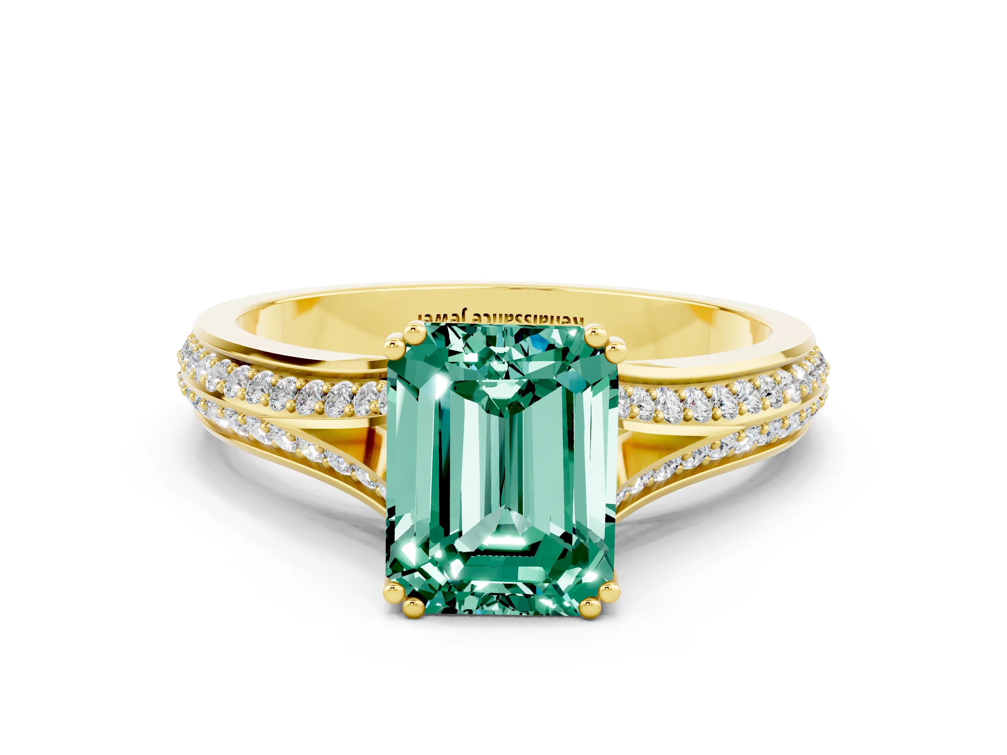 Yellow gold Emerald Cut Green Sapphire Split Shank Engagement Ring with Pavé Band
