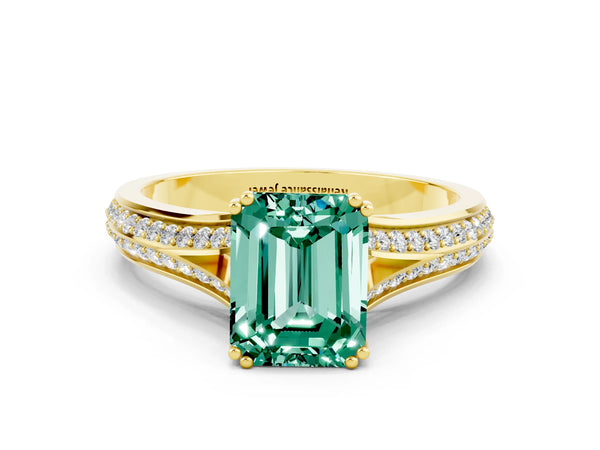 Yellow gold Emerald Cut Green Sapphire Split Shank Engagement Ring with Pavé Band