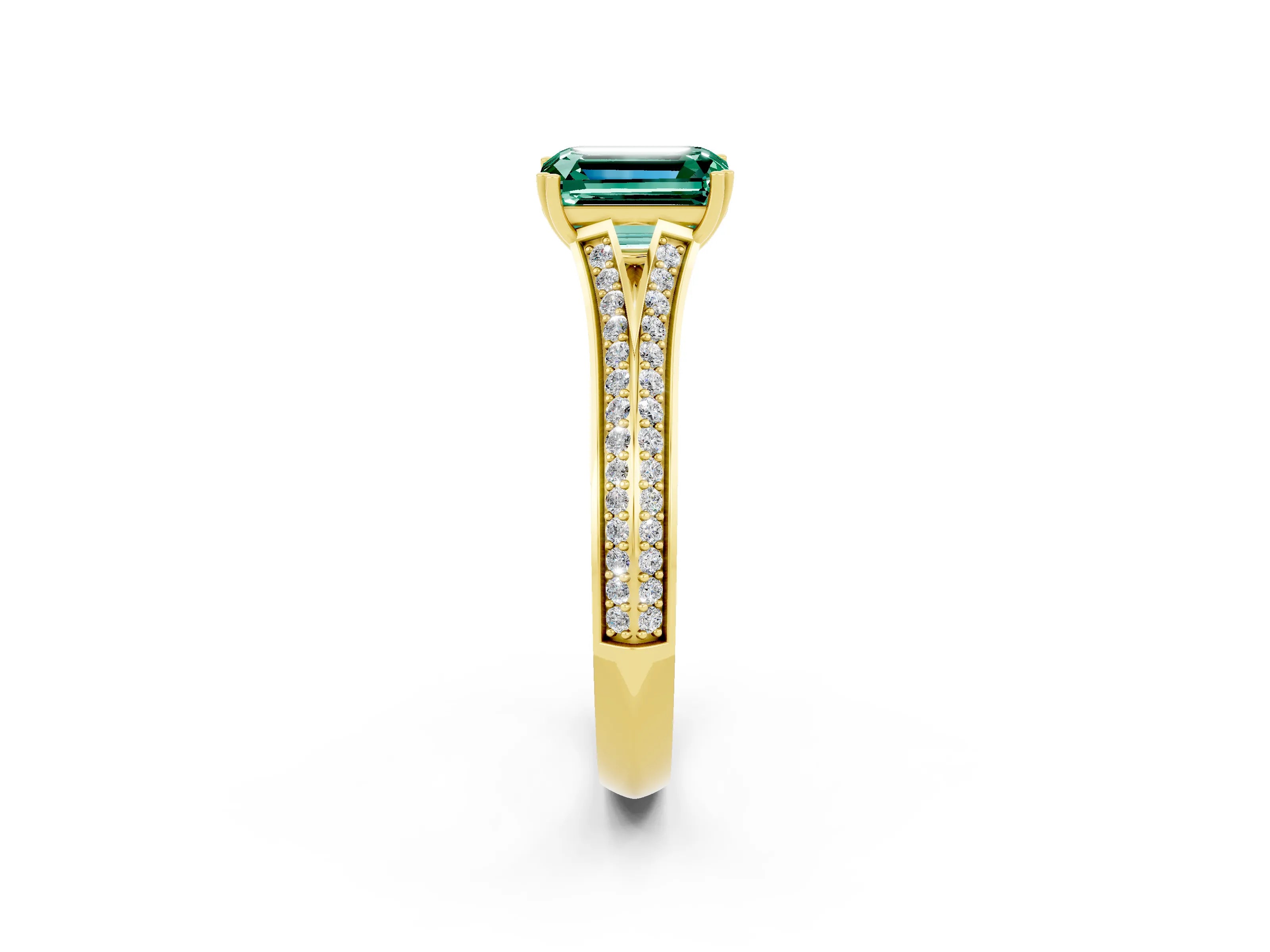 Yellow gold Emerald Cut Green Sapphire Split Shank Engagement Ring with Pavé Band_2