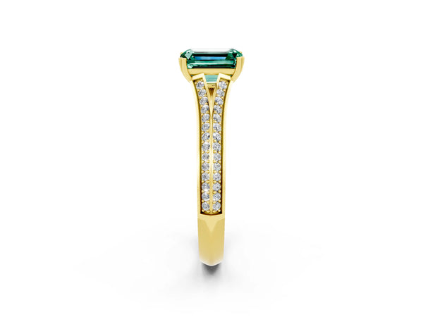 Yellow gold Emerald Cut Green Sapphire Split Shank Engagement Ring with Pavé Band
