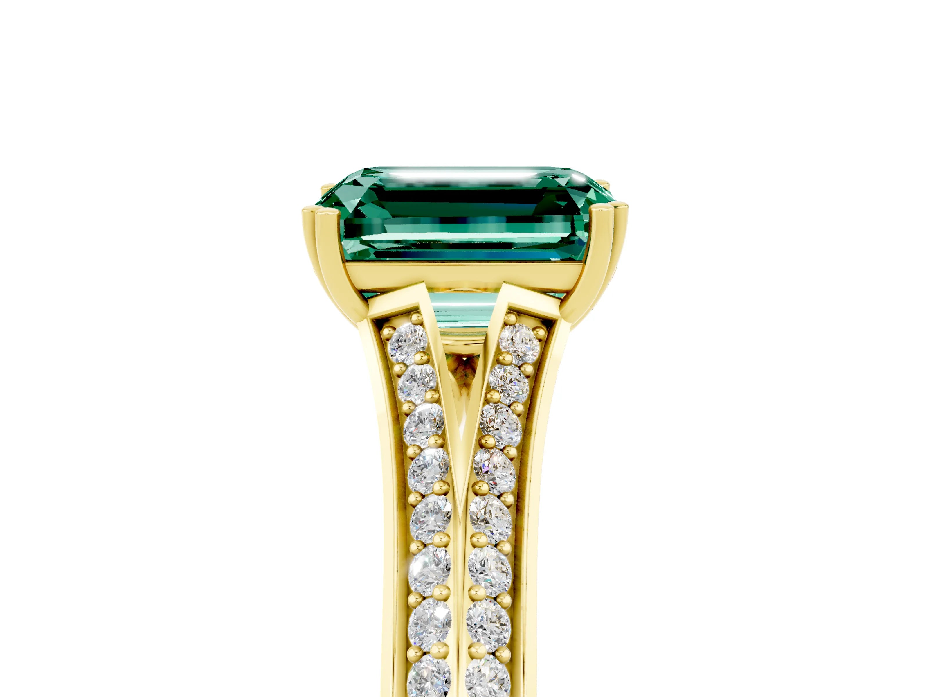 Yellow gold Emerald Cut Green Sapphire Split Shank Engagement Ring with Pavé Band_5
