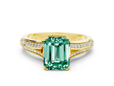Yellow gold Emerald Cut Green Sapphire Split Shank Engagement Ring with Pavé Band