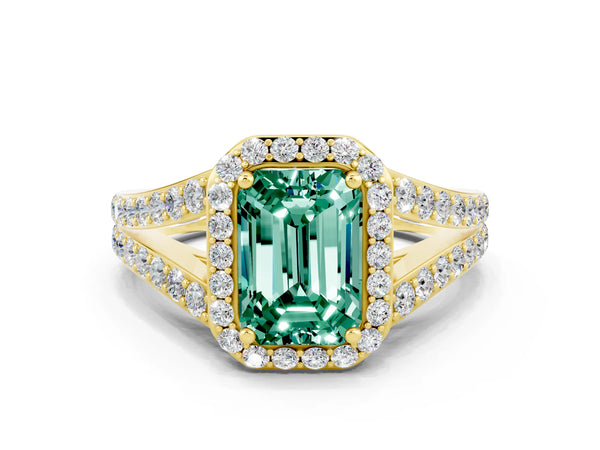 Yellow gold Emerald Cut Green Sapphire Split Shank Halo Ring with Four-Prong Setting