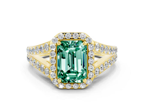 Yellow gold Emerald Cut Green Sapphire Split Shank Halo Ring with Four-Prong Setting_12