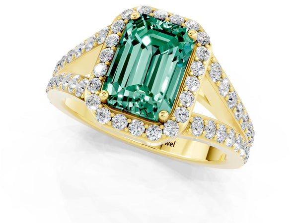 Yellow gold Emerald Cut Green Sapphire Split Shank Halo Ring with Four-Prong Setting