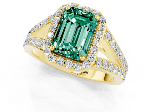Yellow gold Emerald Cut Green Sapphire Split Shank Halo Ring with Four-Prong Setting_13
