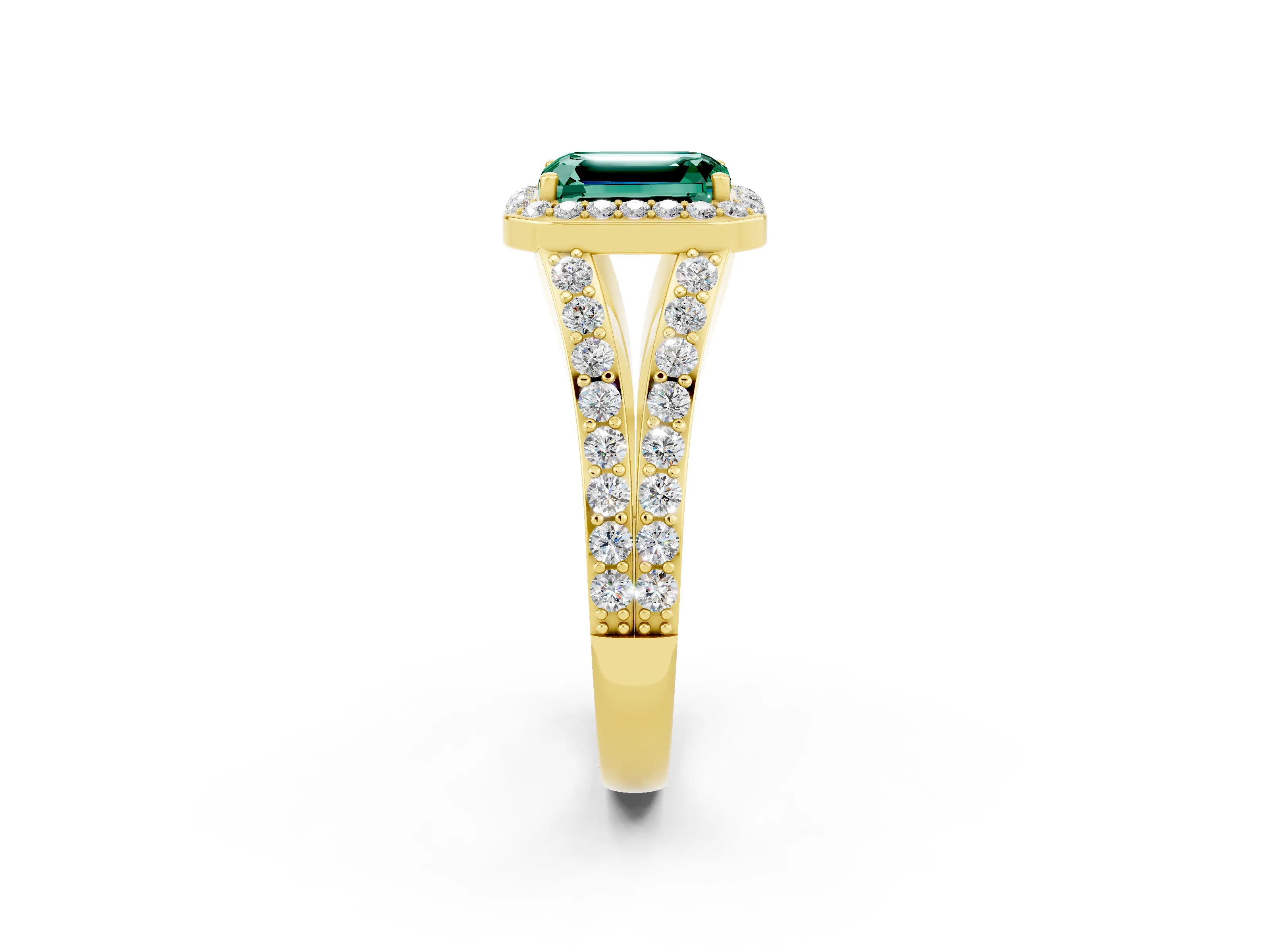Yellow gold Emerald Cut Green Sapphire Split Shank Halo Ring with Four-Prong Setting_14