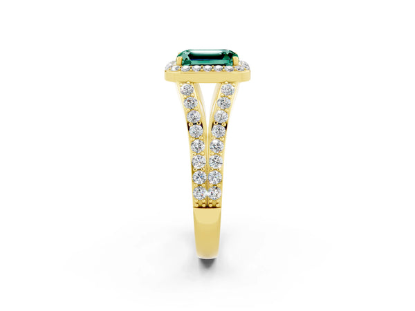 Yellow gold Emerald Cut Green Sapphire Split Shank Halo Ring with Four-Prong Setting