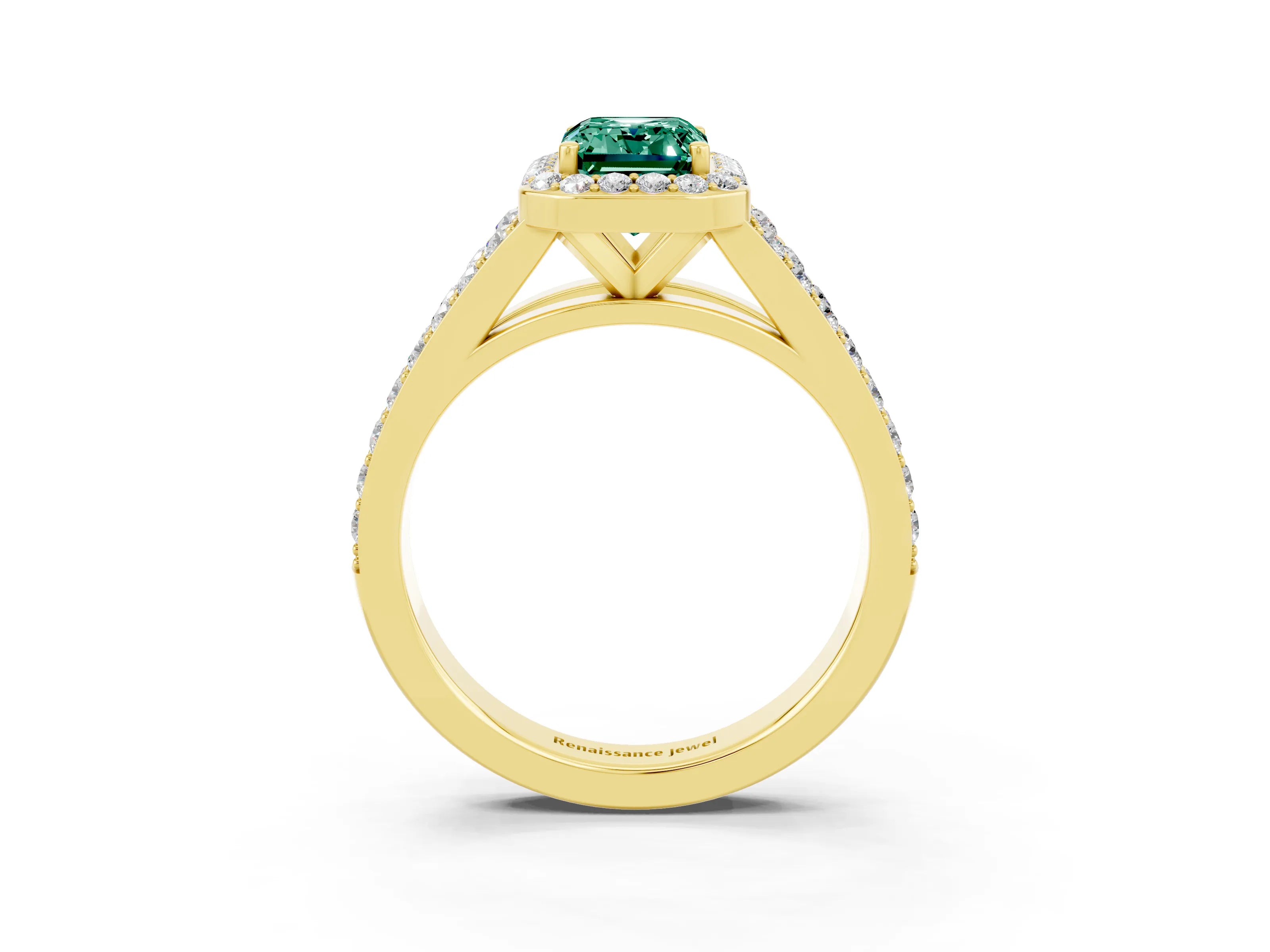 Yellow gold Emerald Cut Green Sapphire Split Shank Halo Ring with Four-Prong Setting_15