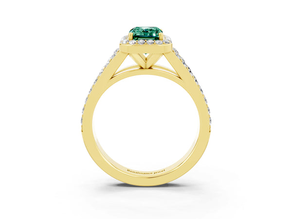 Yellow gold Emerald Cut Green Sapphire Split Shank Halo Ring with Four-Prong Setting