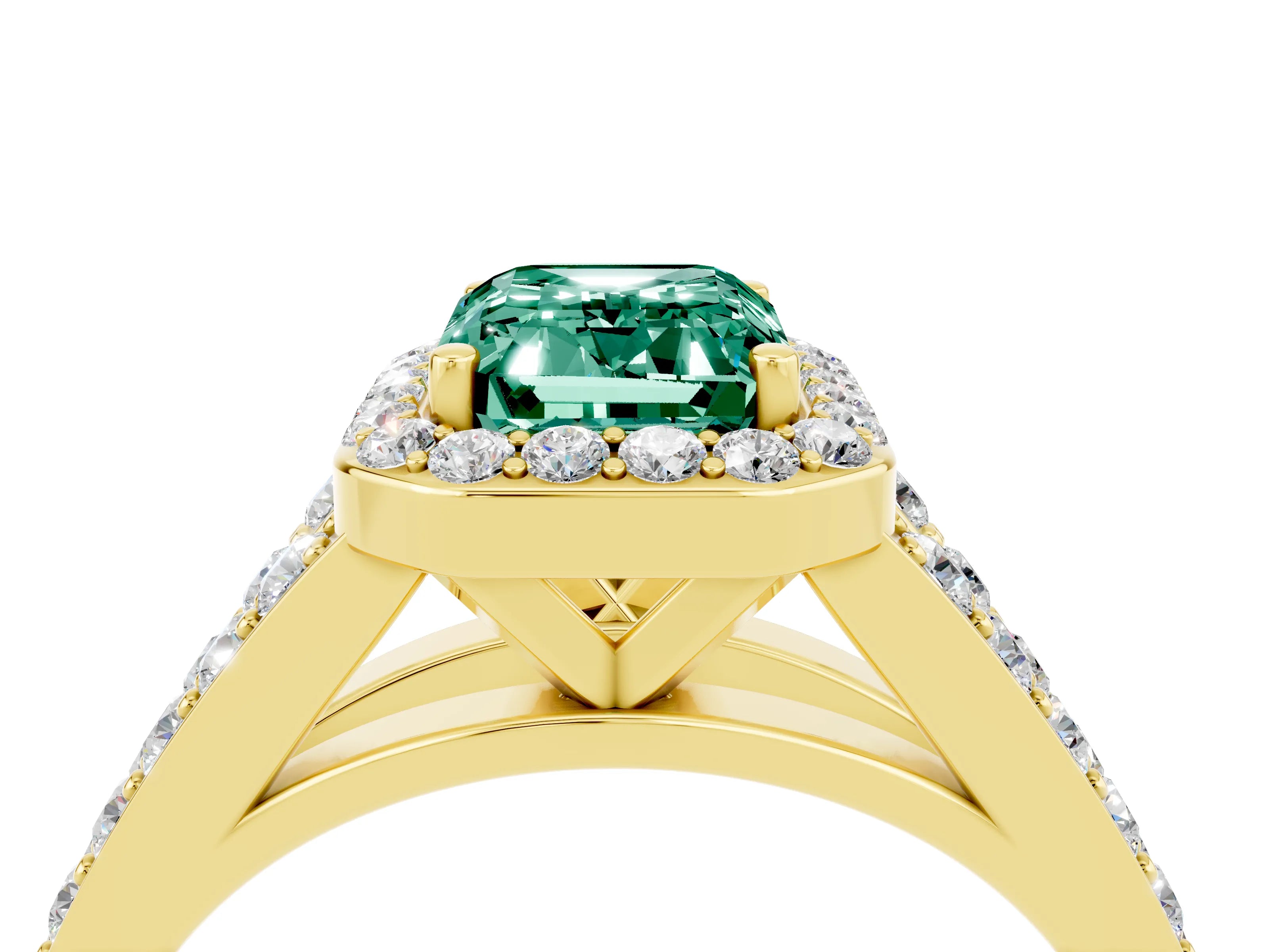 Yellow gold Emerald Cut Green Sapphire Split Shank Halo Ring with Four-Prong Setting_16
