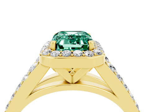 Yellow gold Emerald Cut Green Sapphire Split Shank Halo Ring with Four-Prong Setting_16
