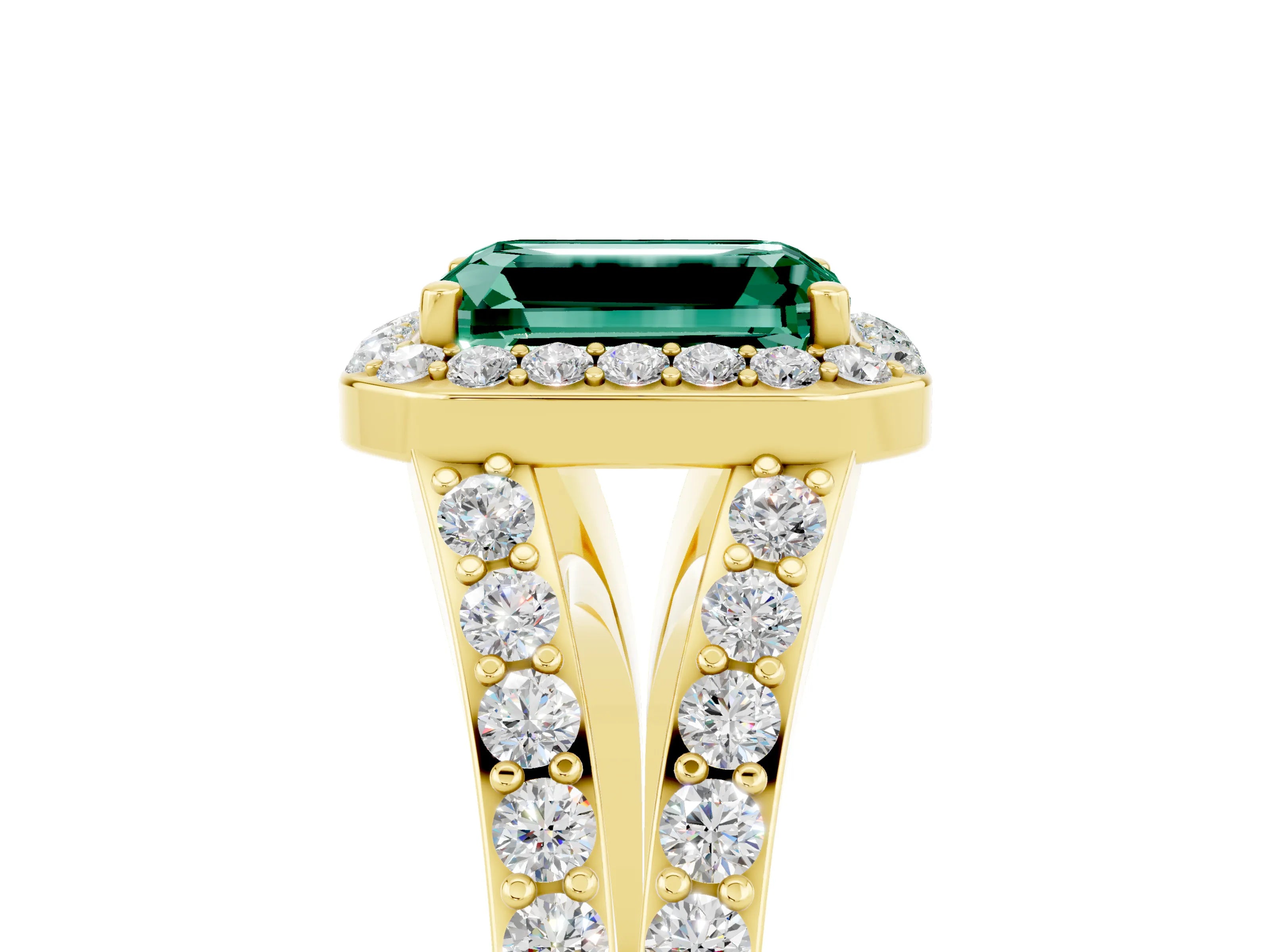 Yellow gold Emerald Cut Green Sapphire Split Shank Halo Ring with Four-Prong Setting_17