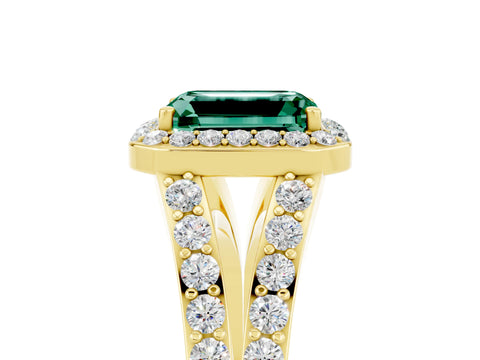 Yellow gold Emerald Cut Green Sapphire Split Shank Halo Ring with Four-Prong Setting_17