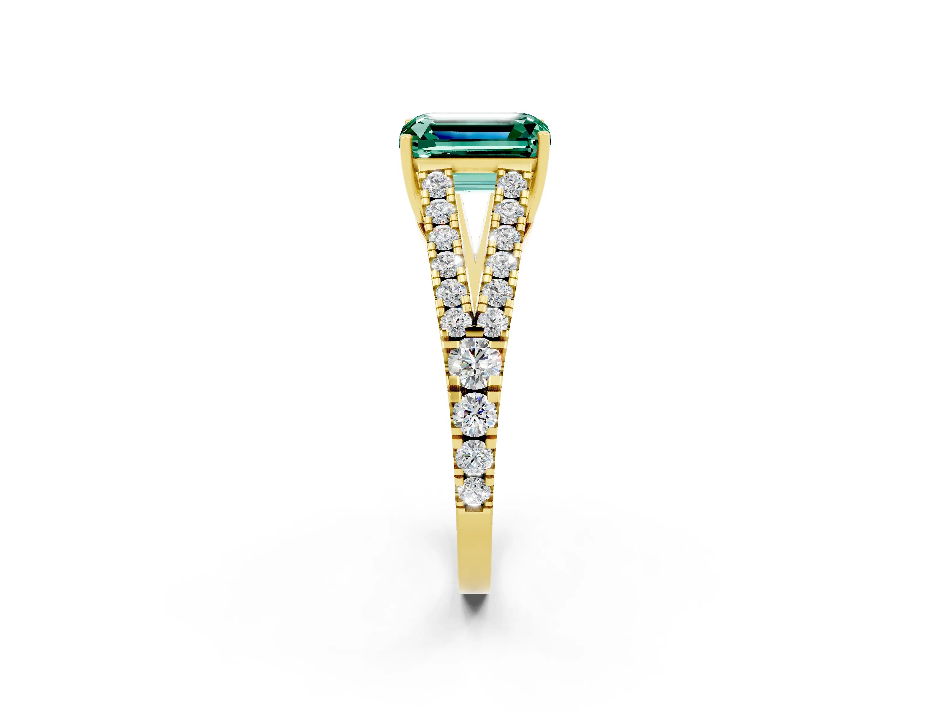 Yellow gold Emerald Cut Green Sapphire Split Shank Pavé Engagement Ring with Four-Prong Setting_14