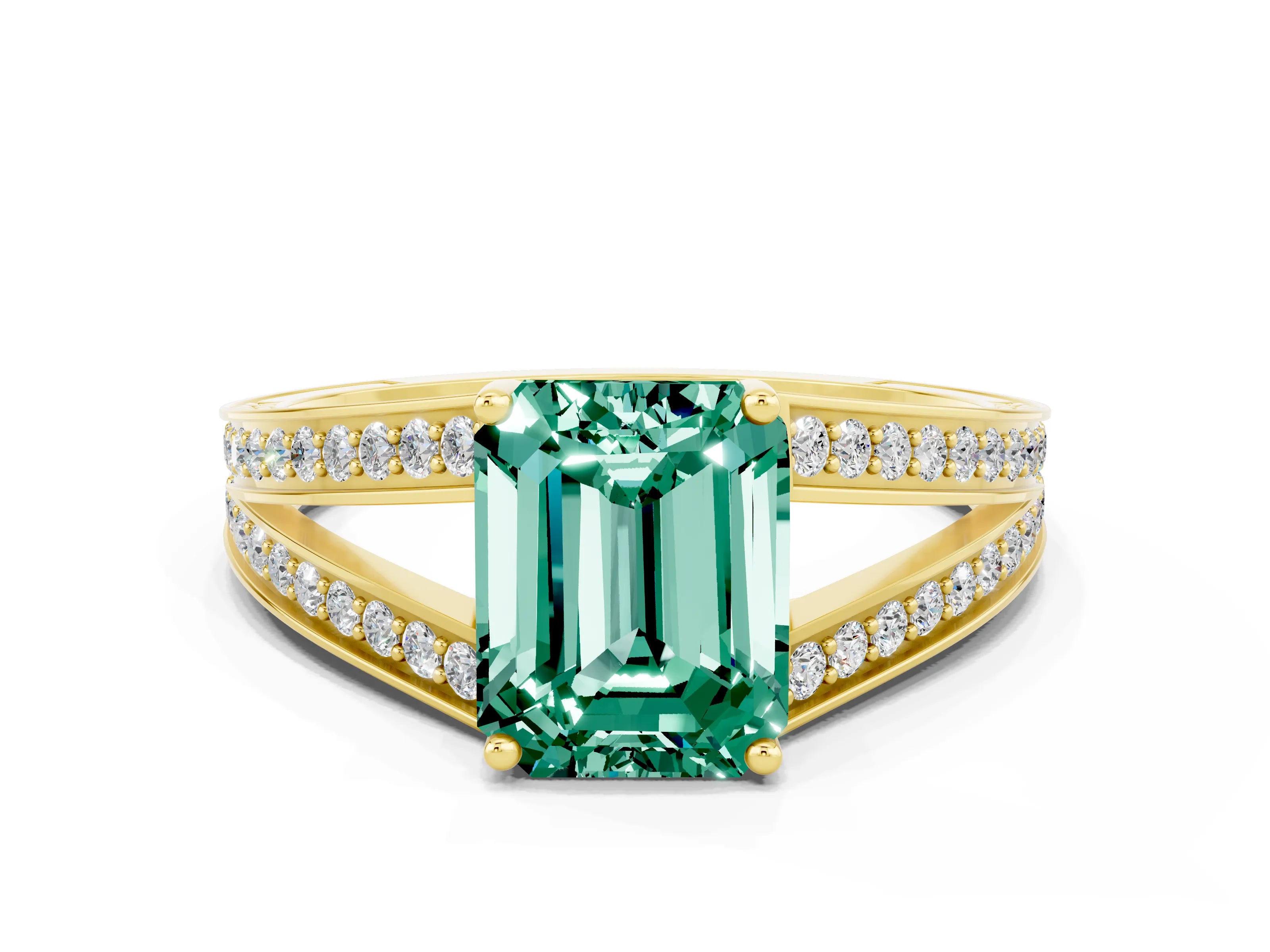Yellow gold Emerald Cut Green Sapphire Split Shank Ring with Pavé Band and Four-Prong Setting