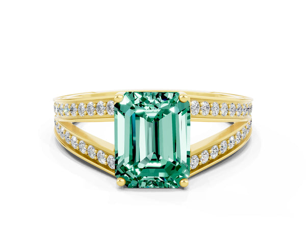 Yellow gold Emerald Cut Green Sapphire Split Shank Ring with Pavé Band and Four-Prong Setting