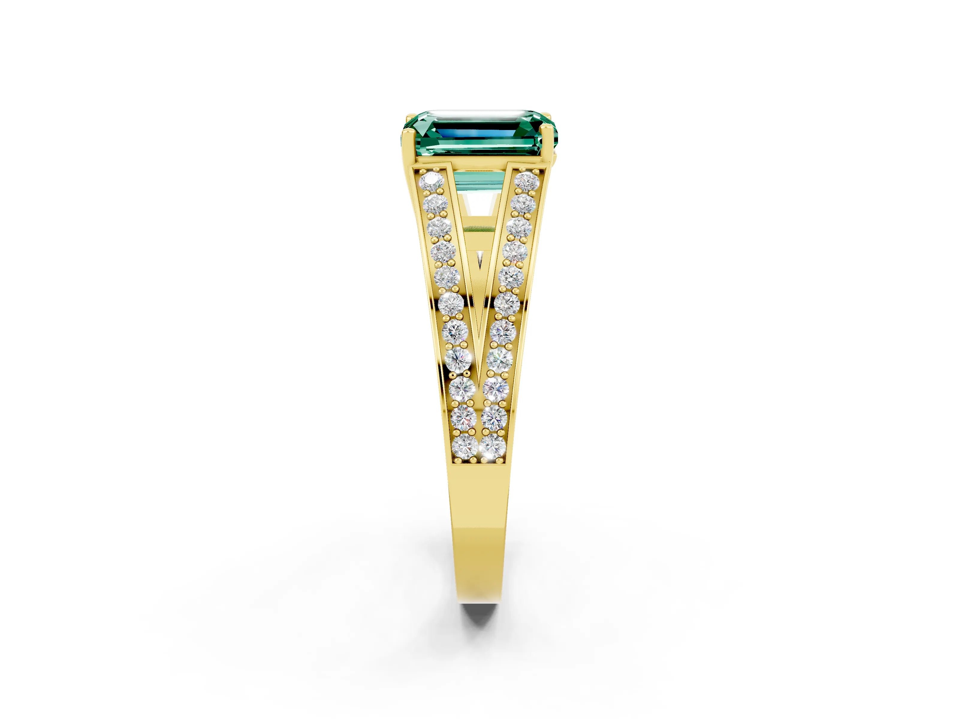 Yellow gold Emerald Cut Green Sapphire Split Shank Ring with Pavé Band and Four-Prong Setting_2