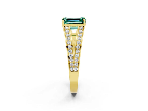 Yellow gold Emerald Cut Green Sapphire Split Shank Ring with Pavé Band and Four-Prong Setting