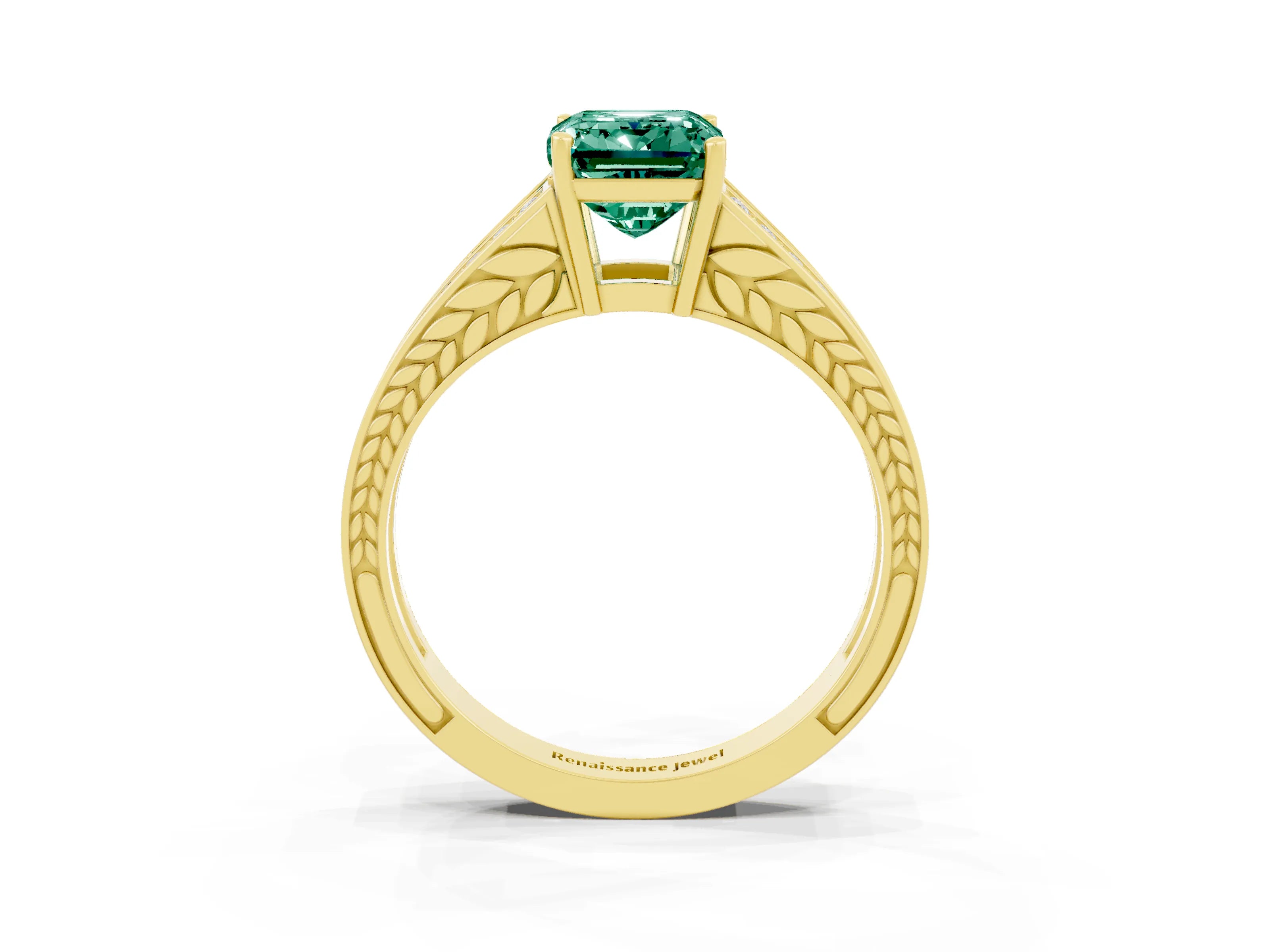 Yellow gold Emerald Cut Green Sapphire Split Shank Ring with Pavé Band and Four-Prong Setting_3