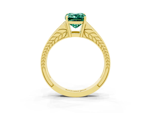 Yellow gold Emerald Cut Green Sapphire Split Shank Ring with Pavé Band and Four-Prong Setting