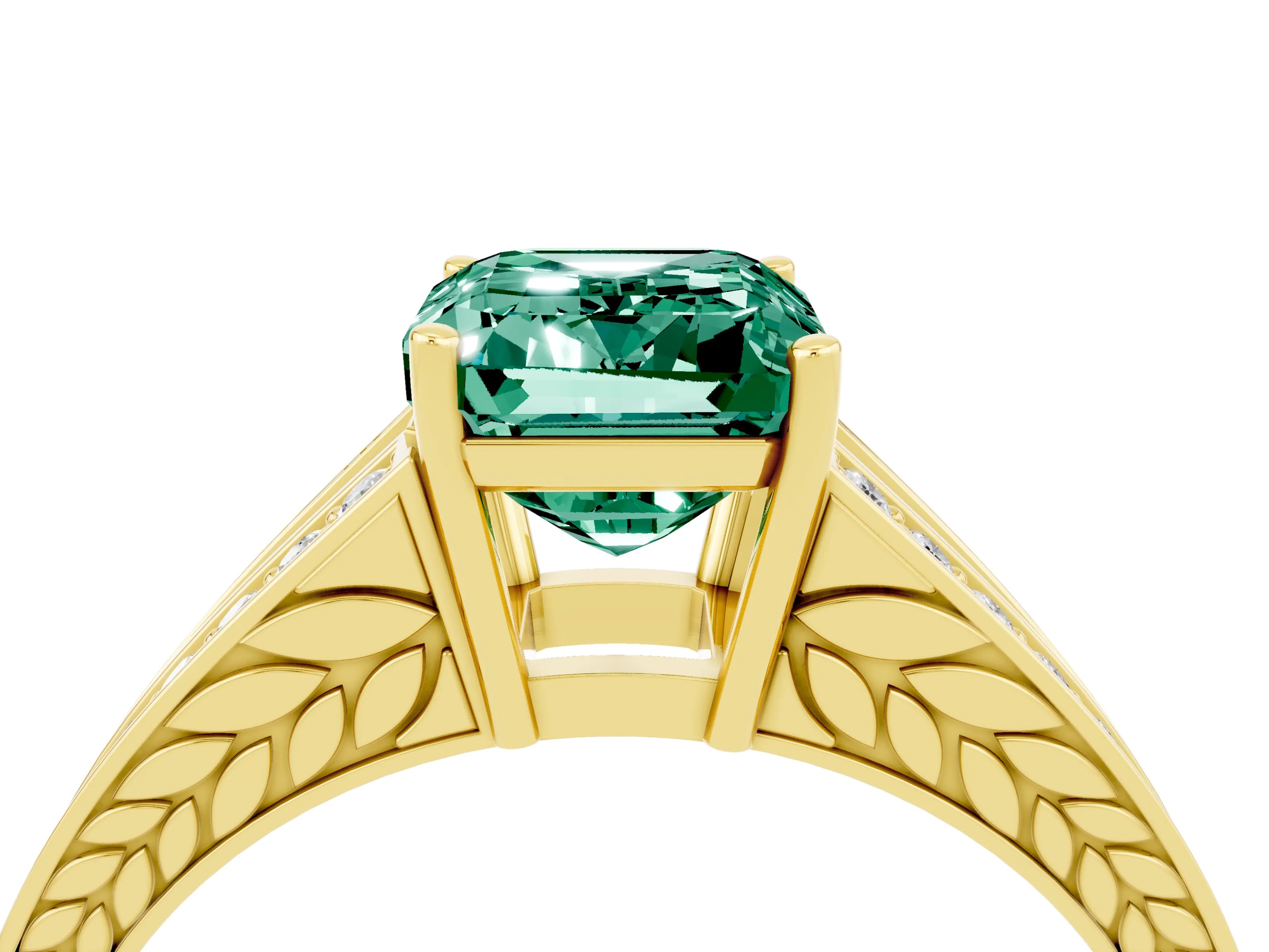 Yellow gold Emerald Cut Green Sapphire Split Shank Ring with Pavé Band and Four-Prong Setting_4
