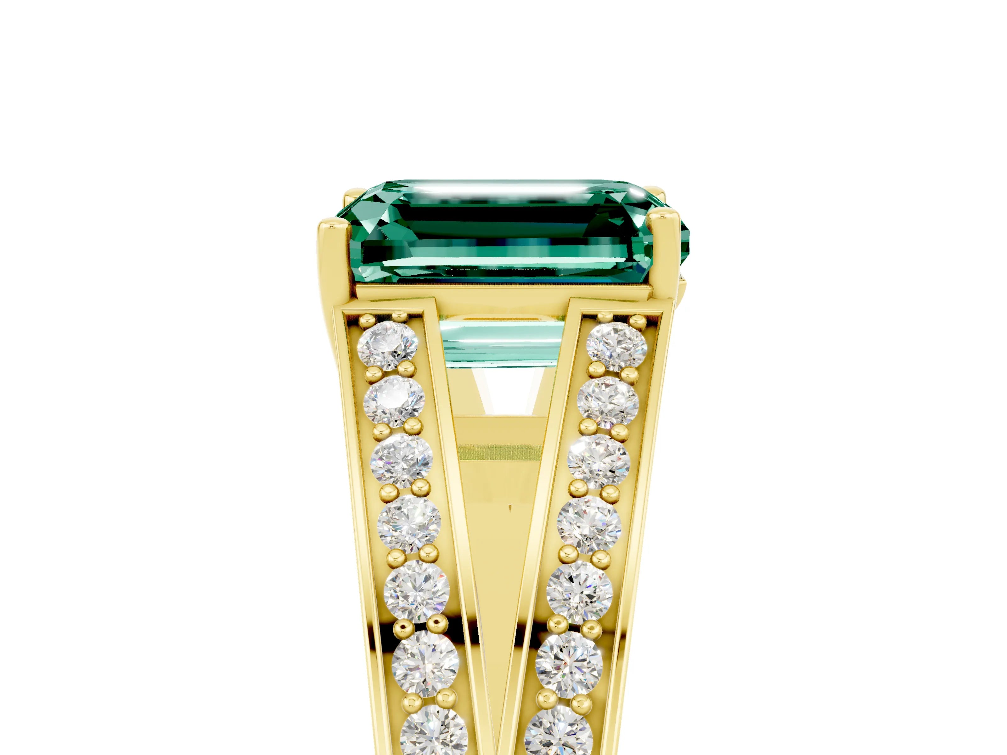 Yellow gold Emerald Cut Green Sapphire Split Shank Ring with Pavé Band and Four-Prong Setting_5