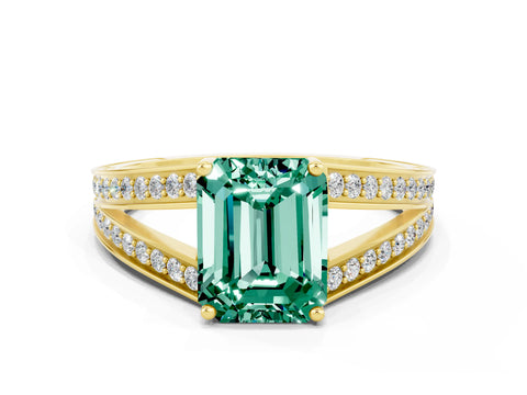 Yellow gold Emerald Cut Green Sapphire Split Shank Ring with Pavé Band and Four-Prong Setting