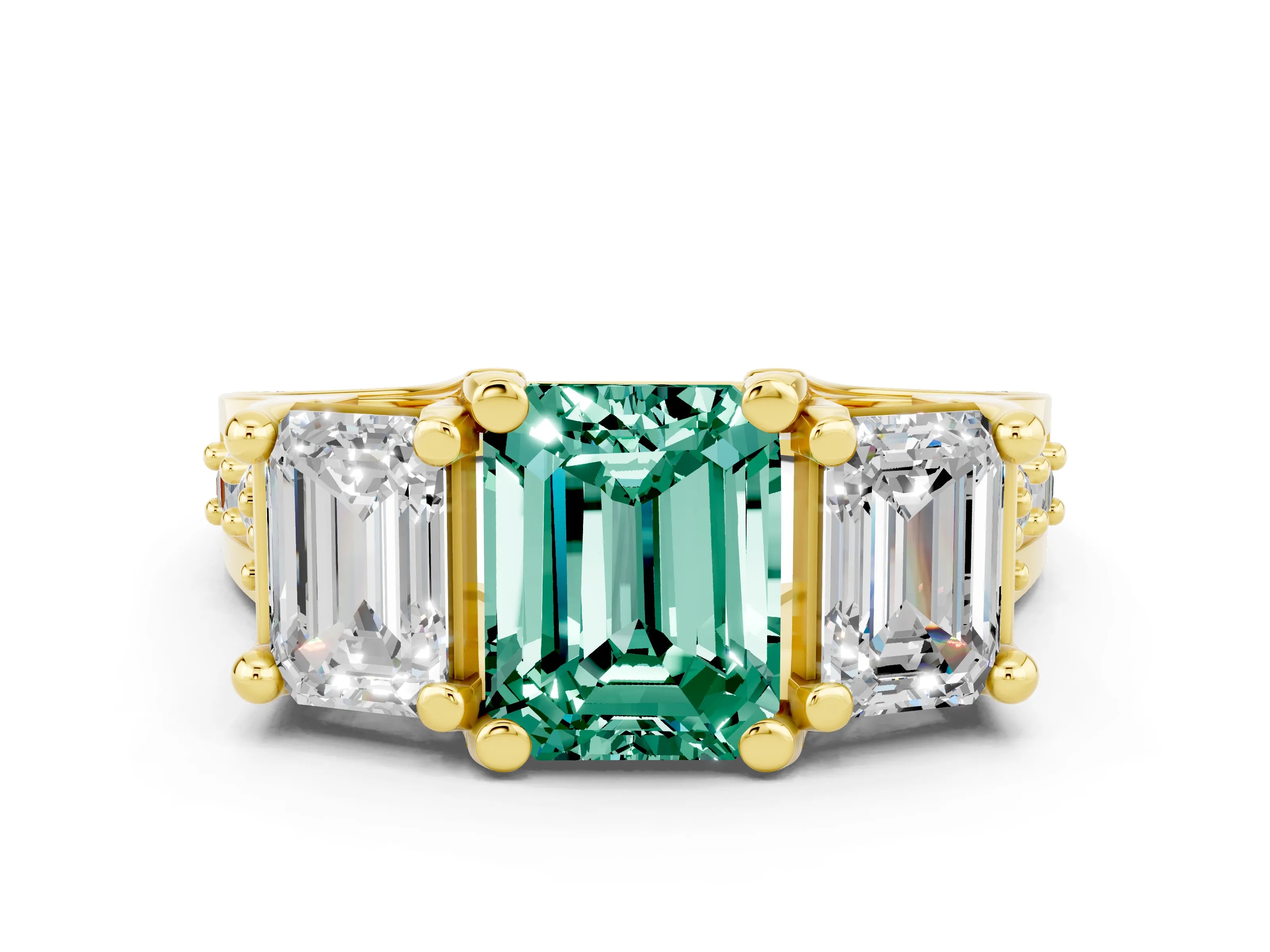 Yellow gold Emerald Cut Green Sapphire Three-Stone Ring with Channel Set Band and Four-Prong Setting