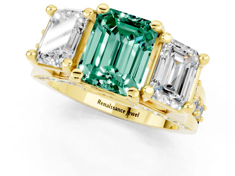 Yellow gold Emerald Cut Green Sapphire Three-Stone Ring with Channel Set Band and Four-Prong Setting_1