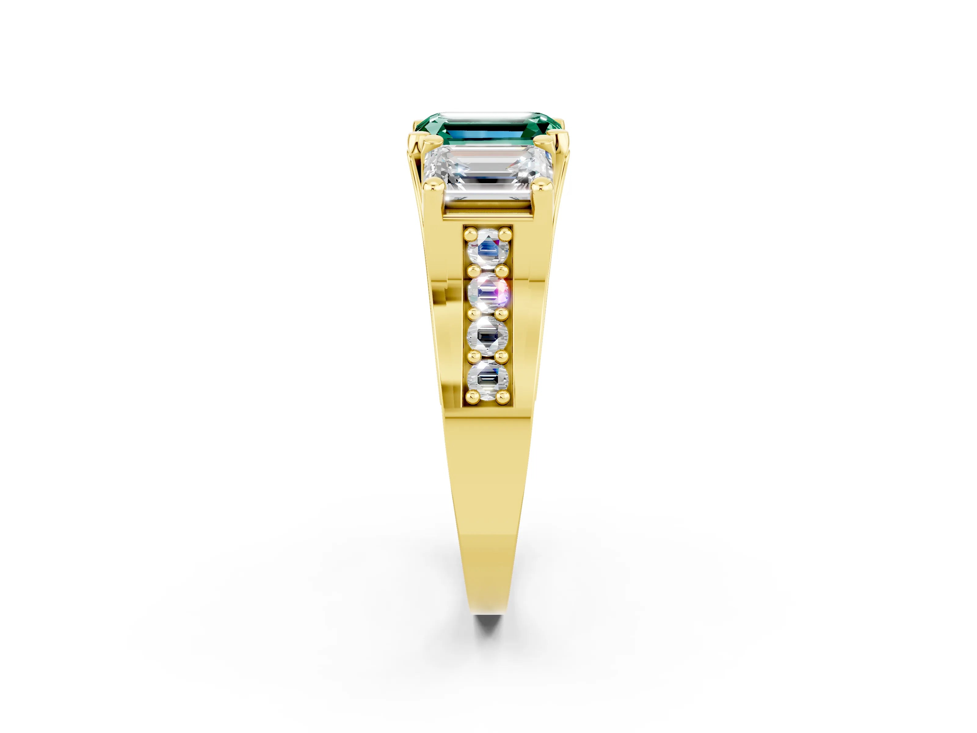 Yellow gold Emerald Cut Green Sapphire Three-Stone Ring with Channel Set Band and Four-Prong Setting_2