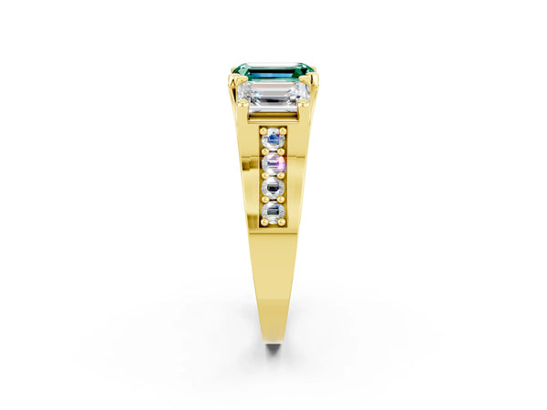 Yellow gold Emerald Cut Green Sapphire Three-Stone Ring with Channel Set Band and Four-Prong Setting