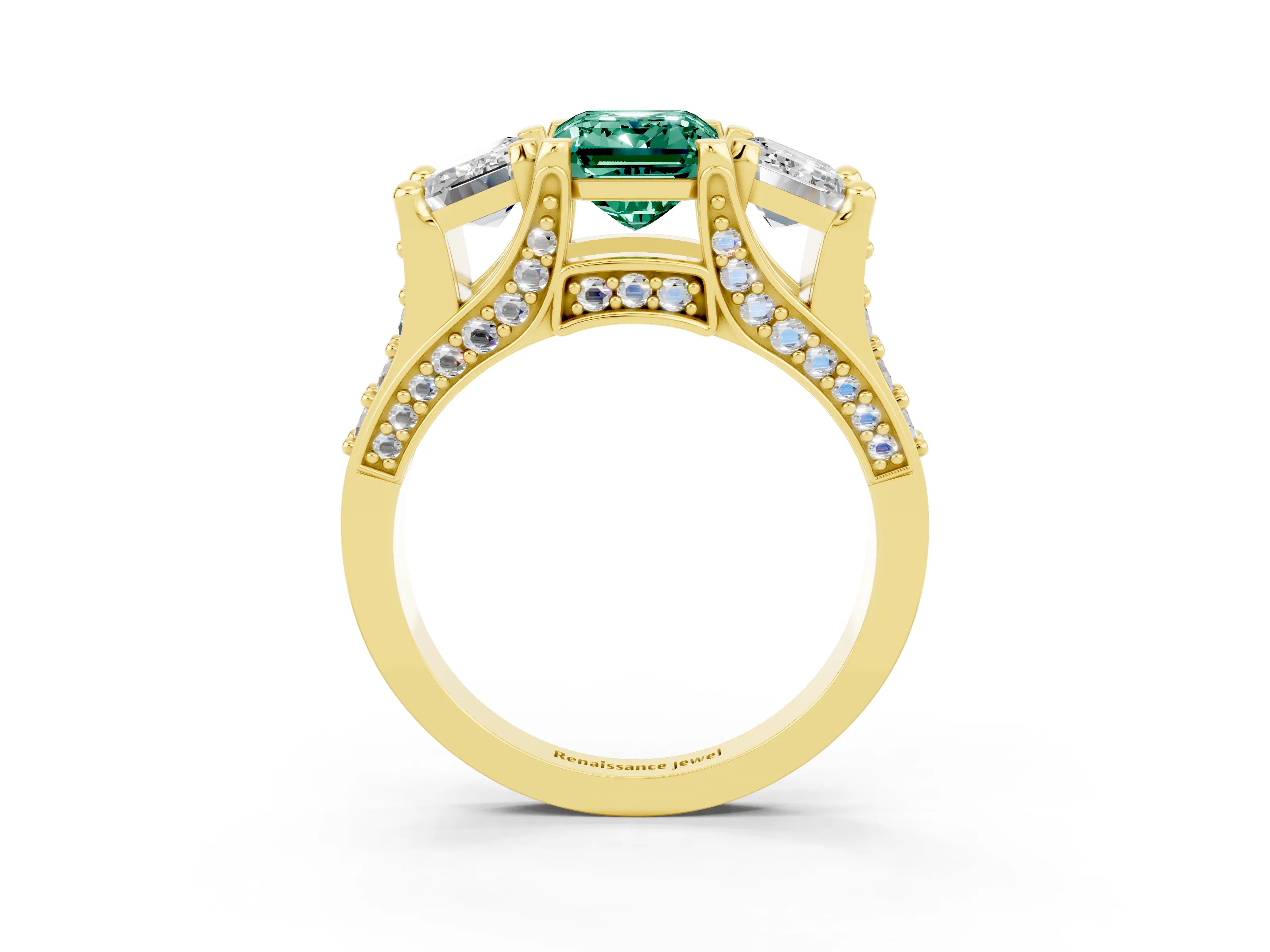 Yellow gold Emerald Cut Green Sapphire Three-Stone Ring with Channel Set Band and Four-Prong Setting_3